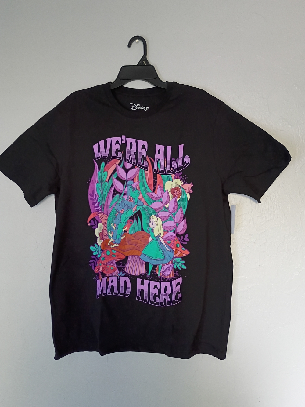 Disney Alice In Wonderland Graphic Tee — Black with Purple, Teal, Pink, Green